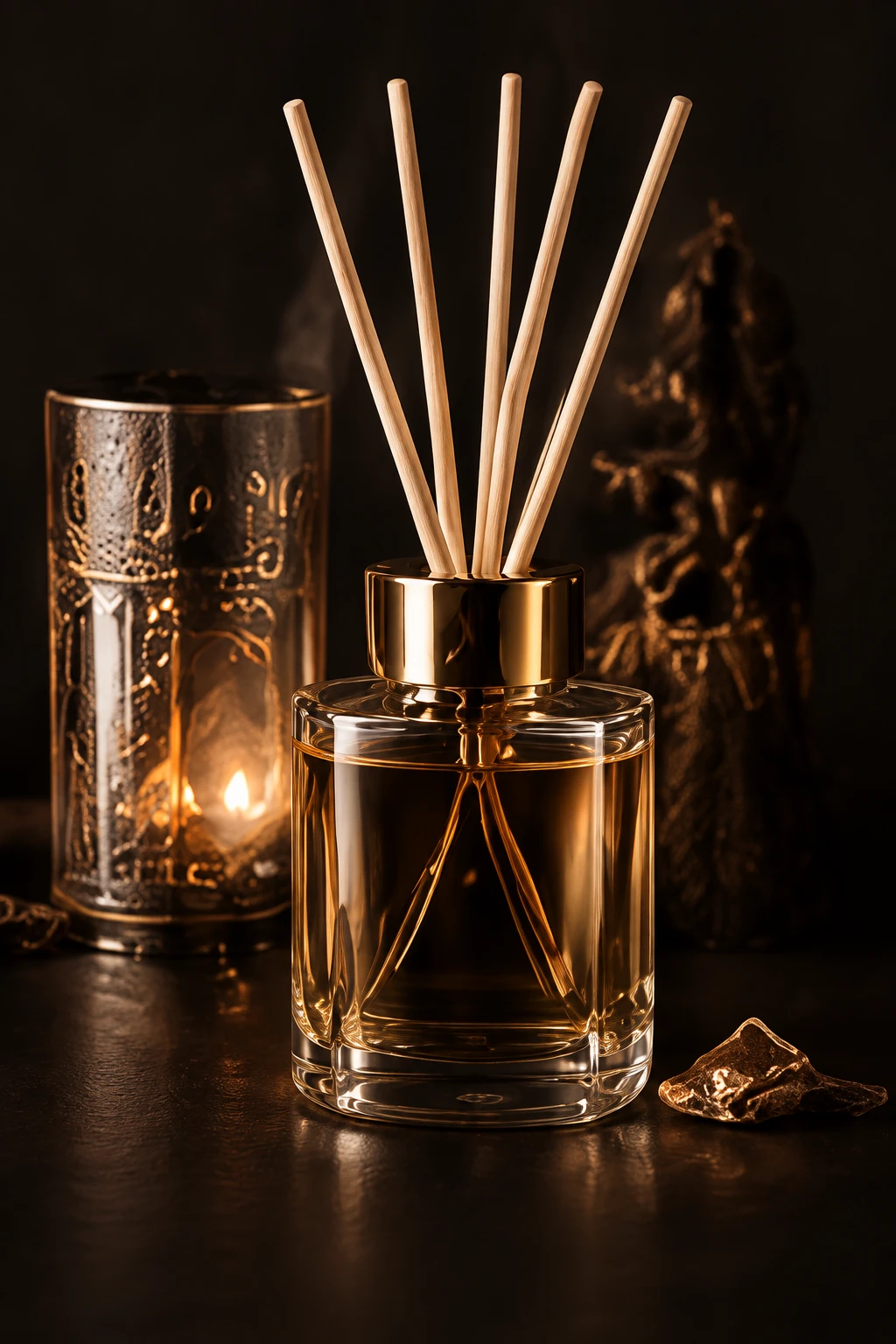 Reed diffuser met rotan stokjes bij warm kaarslicht