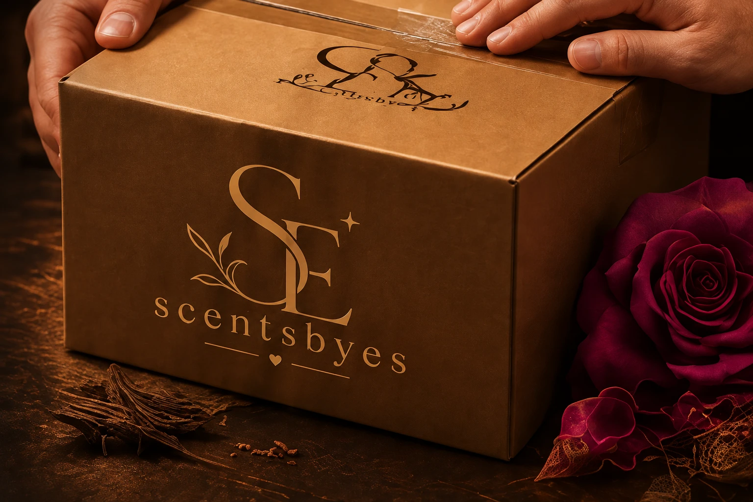 Handen die een gouden Scentsbyes-cadeaudoos vasthouden tussen rozen