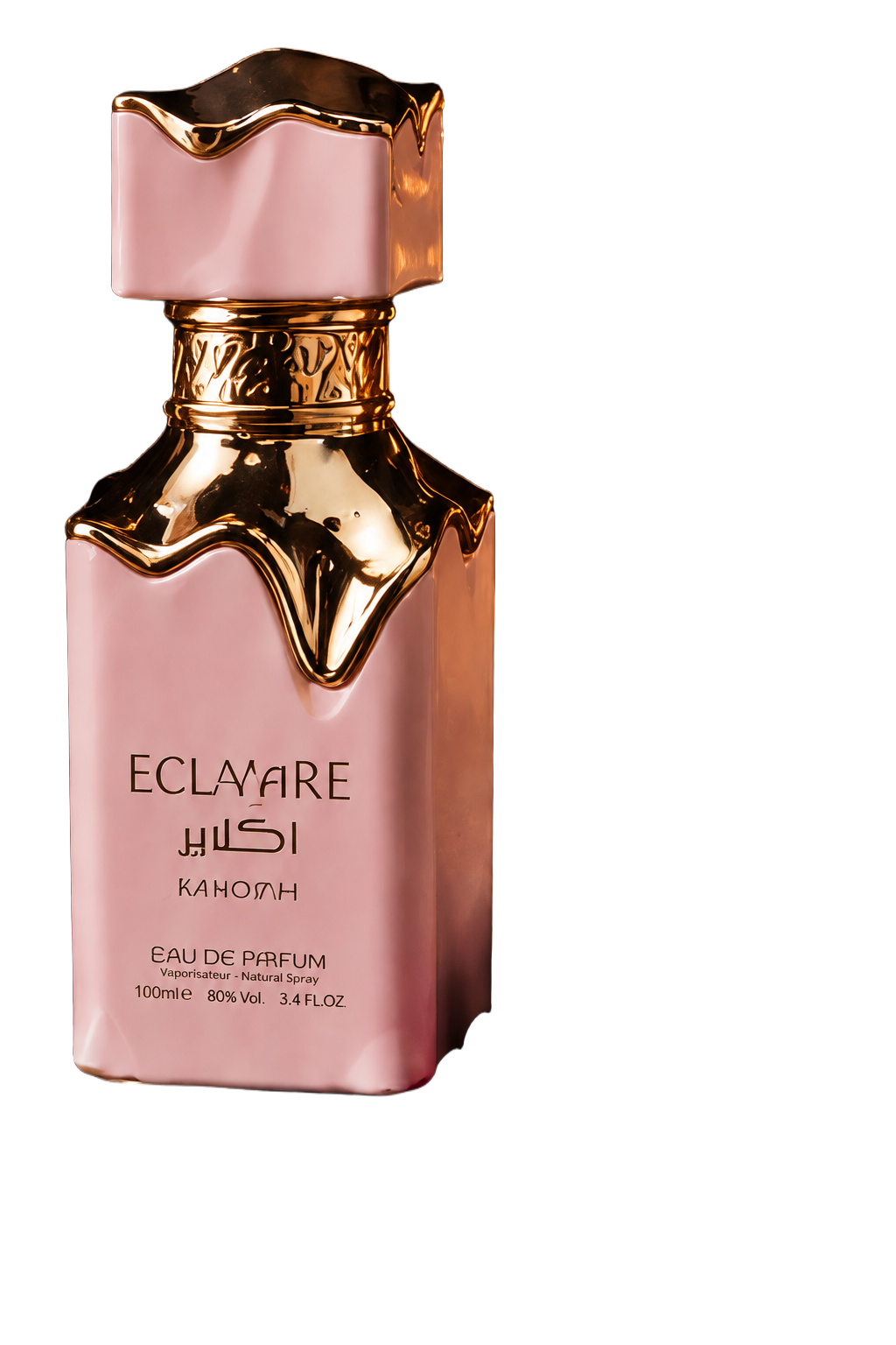Eclaire-parfumflacon in rosé en goud, met oudhout en rozenblaadjes