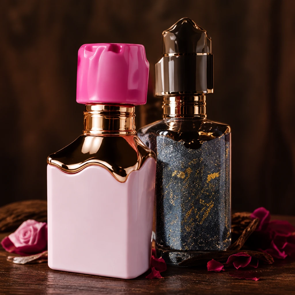 Parfumflacons in rosé en donker bij kaarslicht