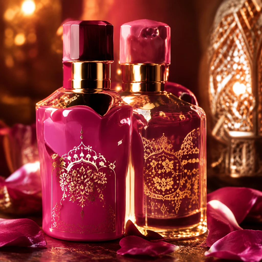 Rosé parfumflacon met warme bokeh