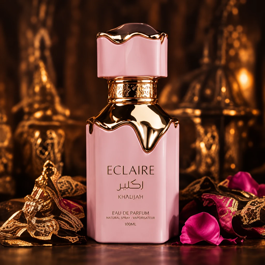 Eclaire Pistache-parfumflacon in rosé en goud met rozenblaadjes