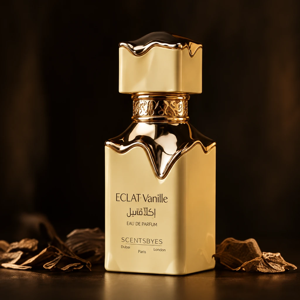 Eclat Vanille-parfumflacon in goud op donkere achtergrond