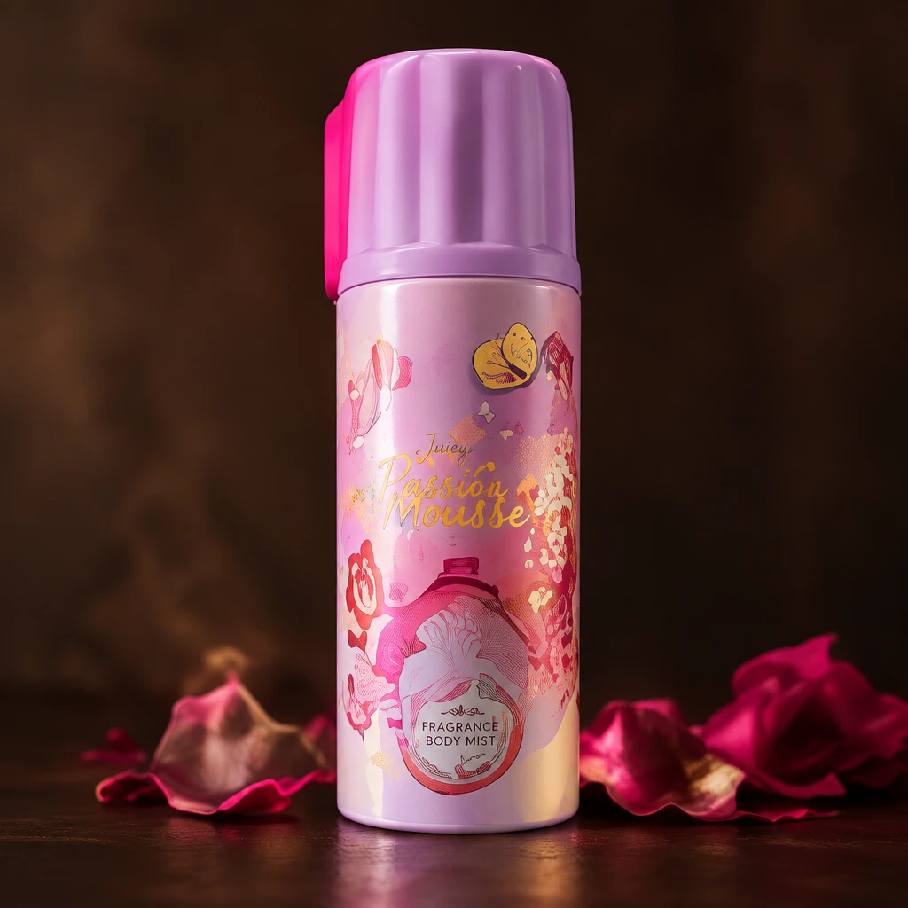 Juicy Passion body mist in rosé en paars met bloemblaadjes