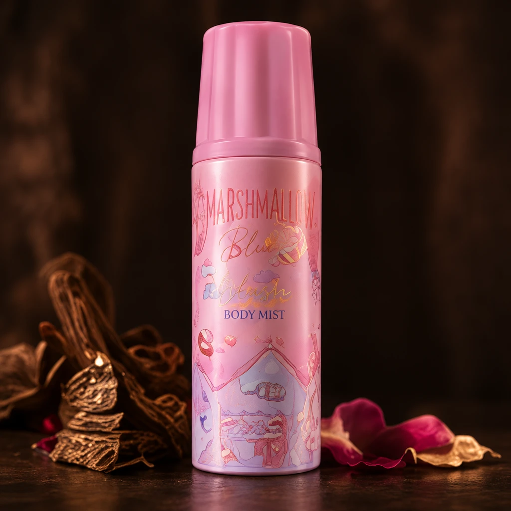 Marshmallow Blush body mist in rosé op donkere achtergrond