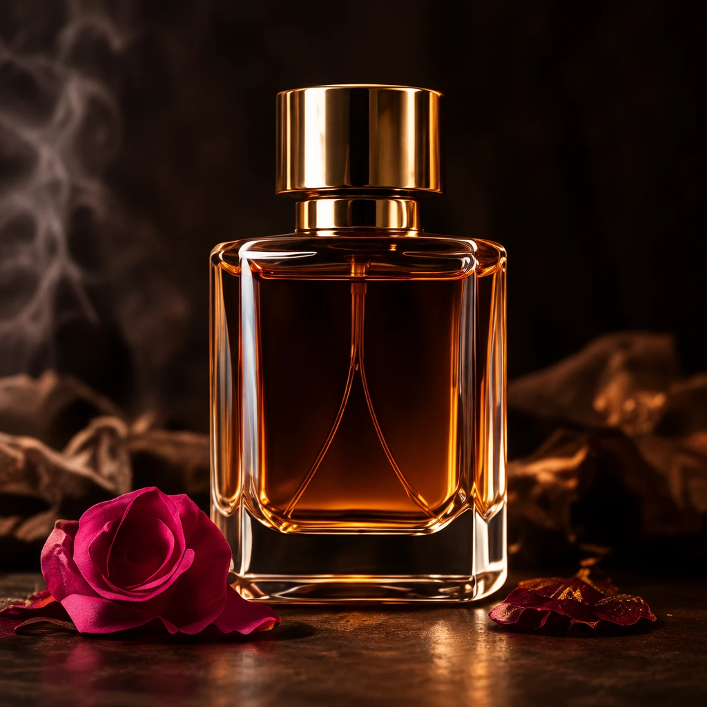 Oud Royale-parfumflacon in amber en goud met rode rozen